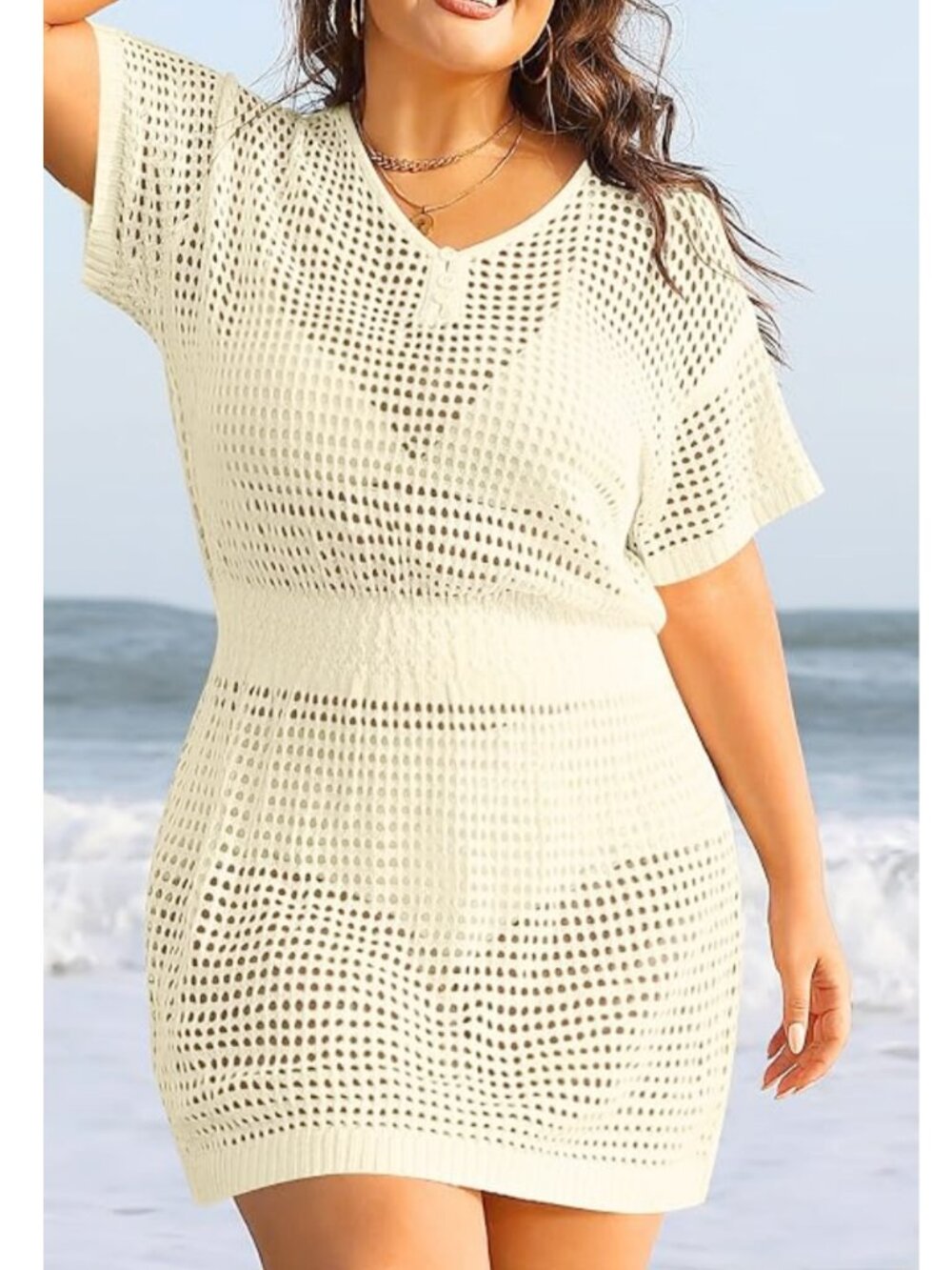 NWT Aqua Eve 18W Beige Open Knit Smocked Waist Swim Cover-Up
